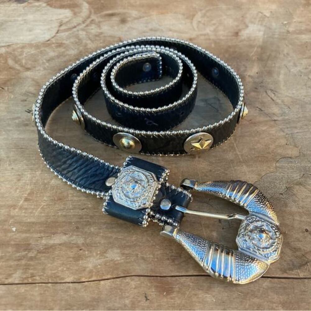 Leatherock studded black belt stars western style‎ buckle medium / large country